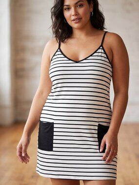 NWT APRRAIN Black and White Striped Sleeveless Tank Dress with Pockets | 3XL